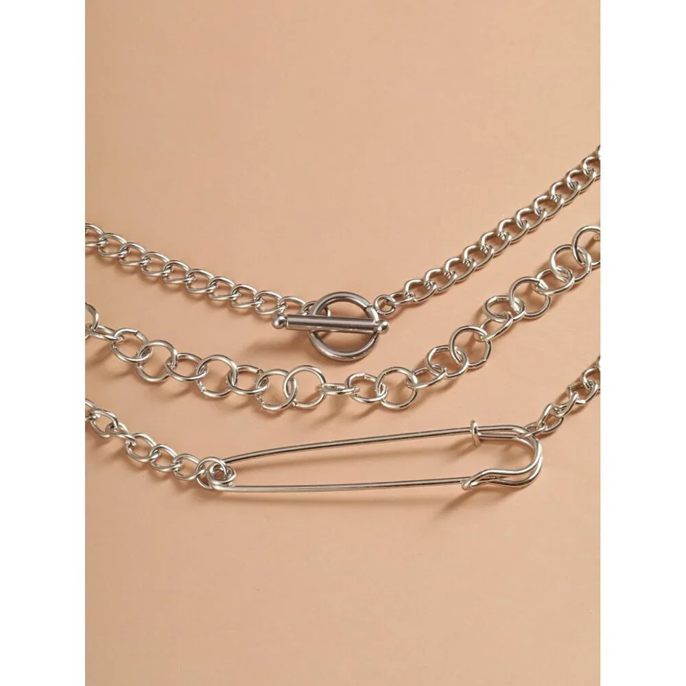 Silver-tone layered chunky chain choker necklace punk grunge style women